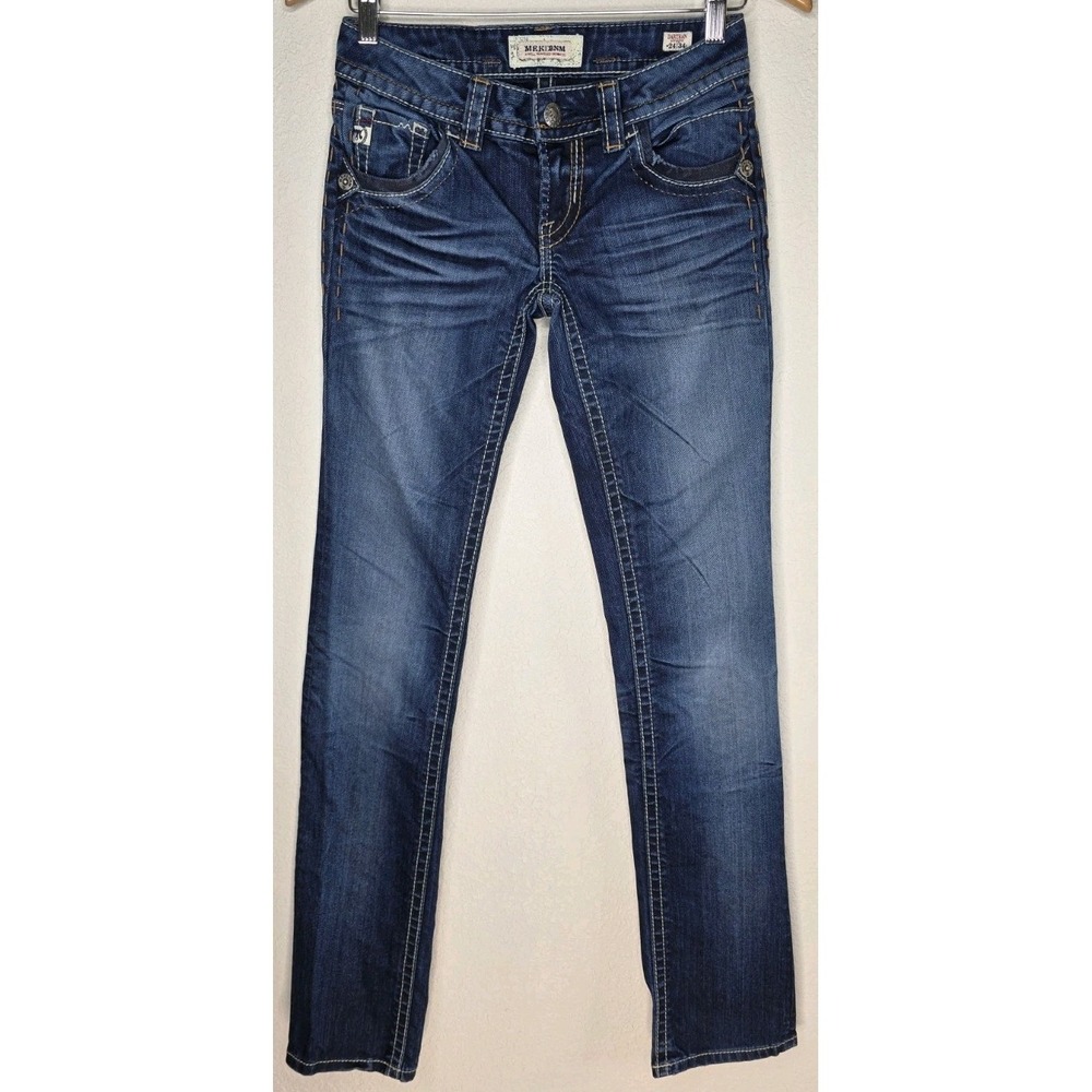 MEK Buckle Women Jean 24x34 Darthan Straight Dark Wash Zipper Fly Y2K‎ Logo